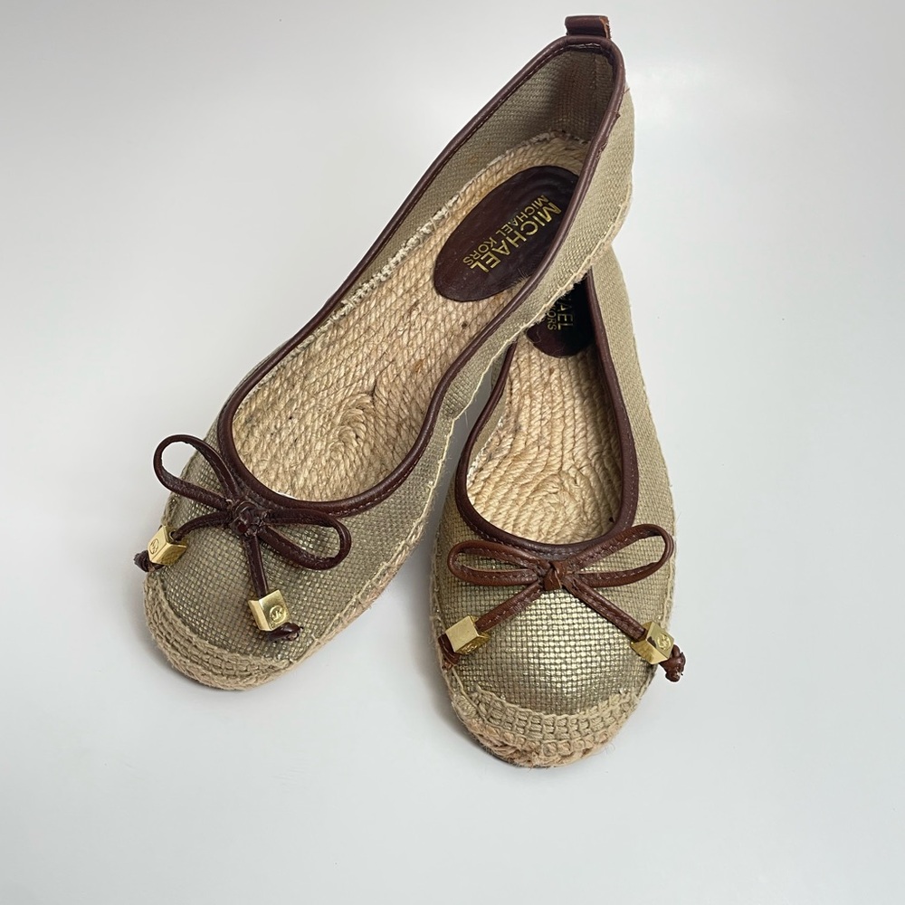 Michael Kors Meg Gold Metallic Logo Espadrille Flats Bow Slip On Jute Ballet Fla